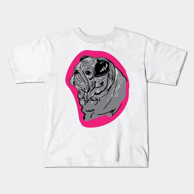 Pug Dog Portrait Sketch on Pink Kids T-Shirt by silentrob668